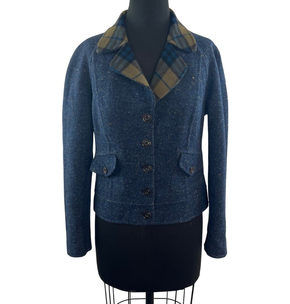 Vintage WORTH Navy Blue Blazer Jacket Wool Tweed Notch Lapel Single Breasted 10